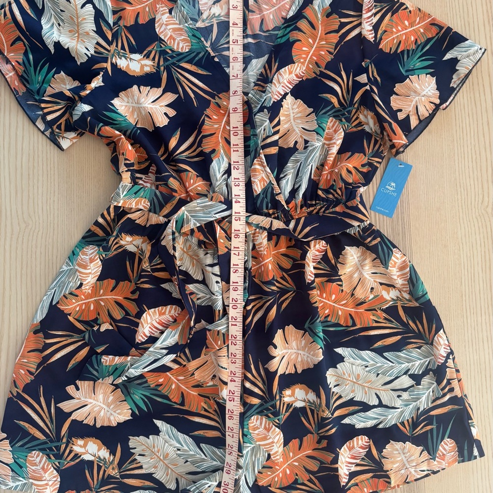 Cupshe Tropical Leaf Print Romper - Navy and Orange